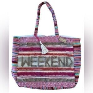 Multicolor Striped Tote Bag with Weekend Print